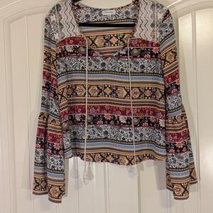 OlSenboye boho peasant blouse-paisley striped pattern W/bell sleeve Earthy Sz:L